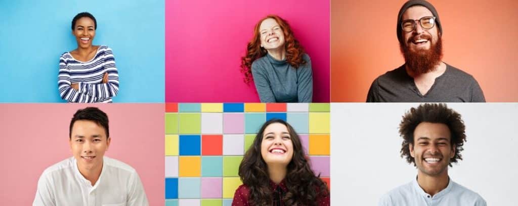 Multiple people similing with different background colours