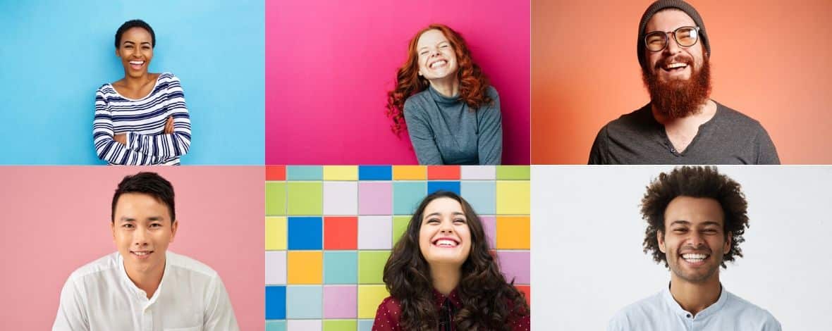 Multiple people similing with different background colours