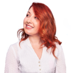 A woman wearing a white shirt with red hairs