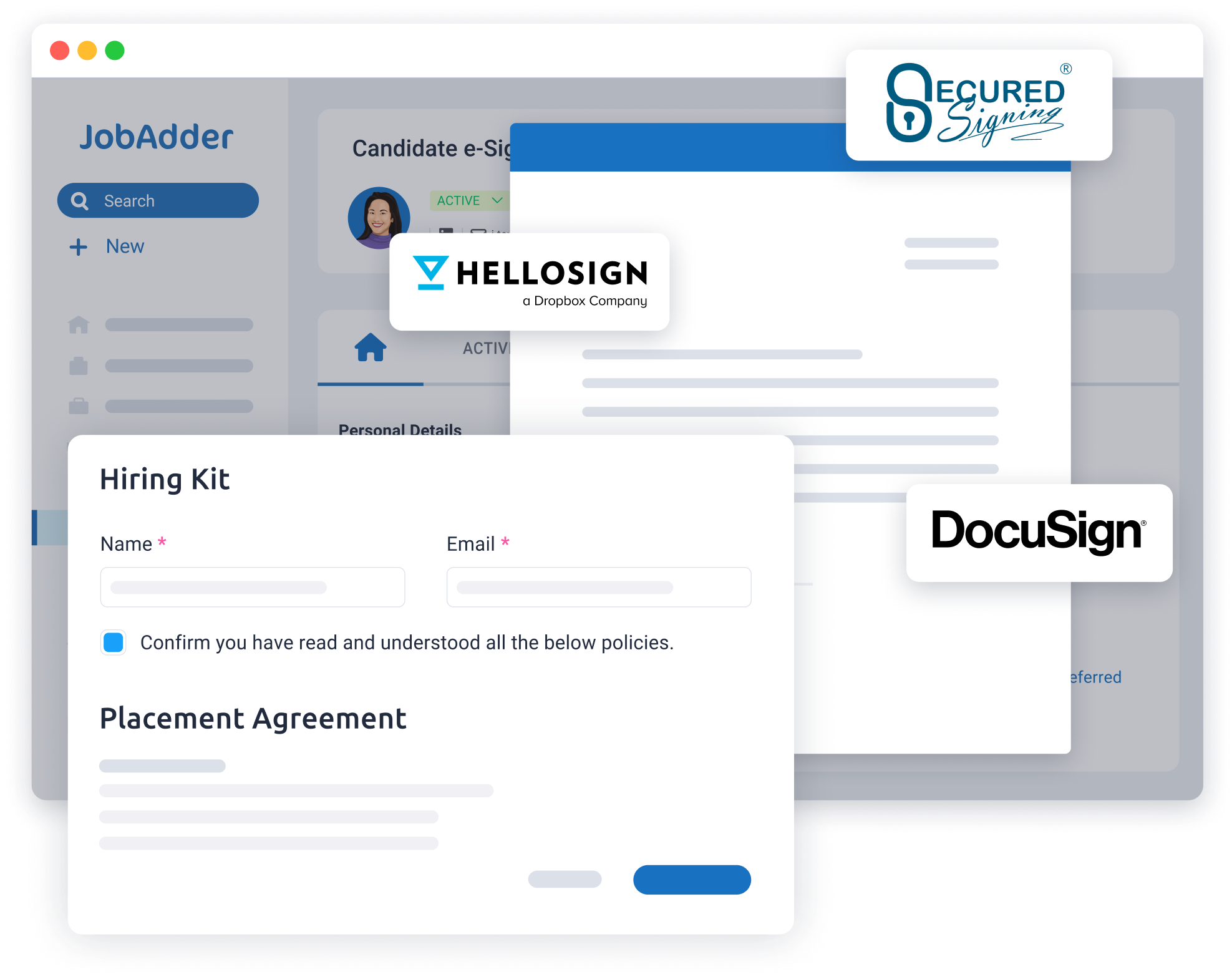 JobAdder hiring kit UI with logos big