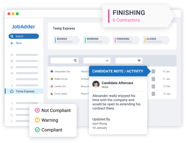 JobAdder canidate note UI
