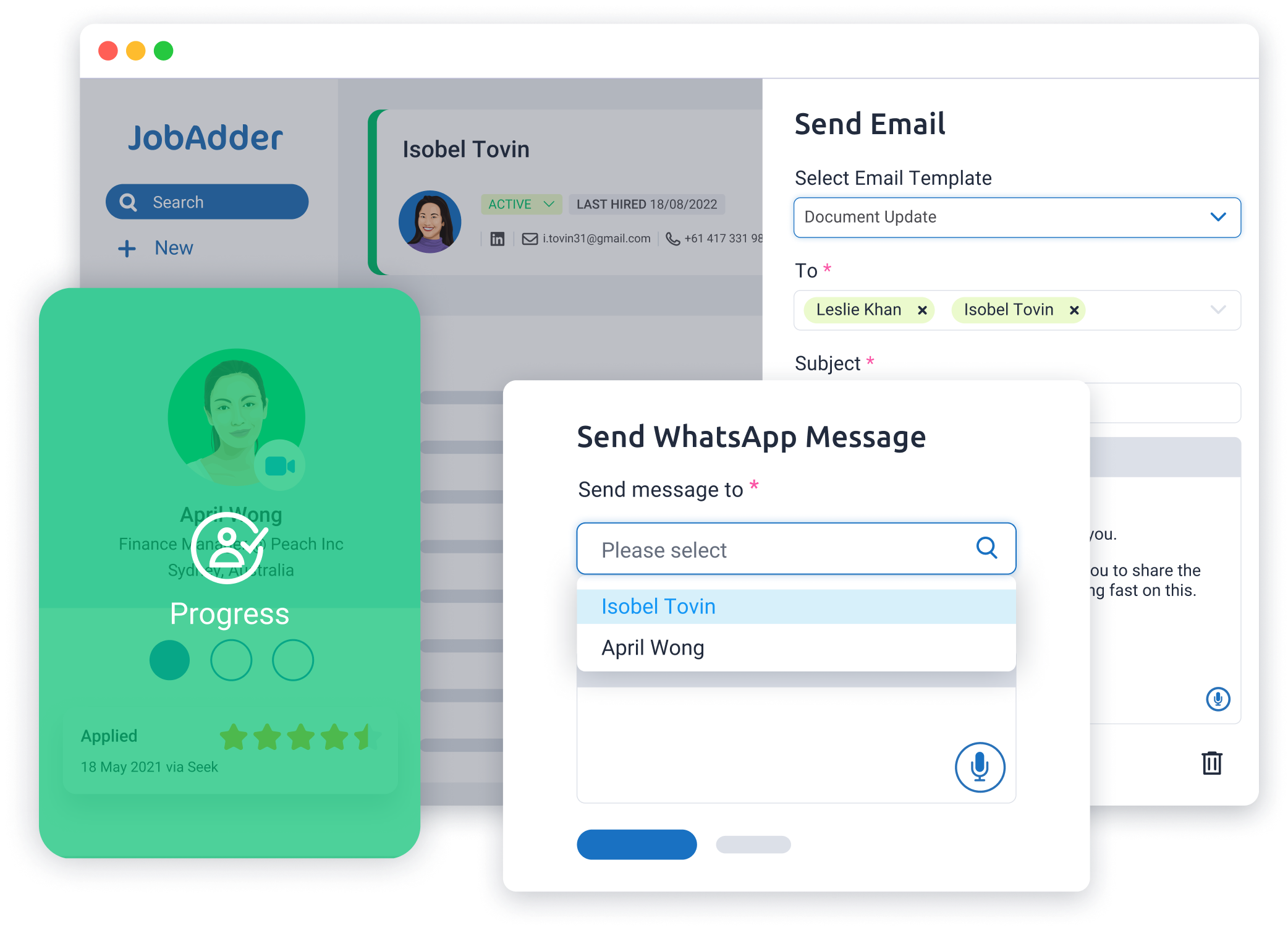 JobAdder send whatsapp message UI big