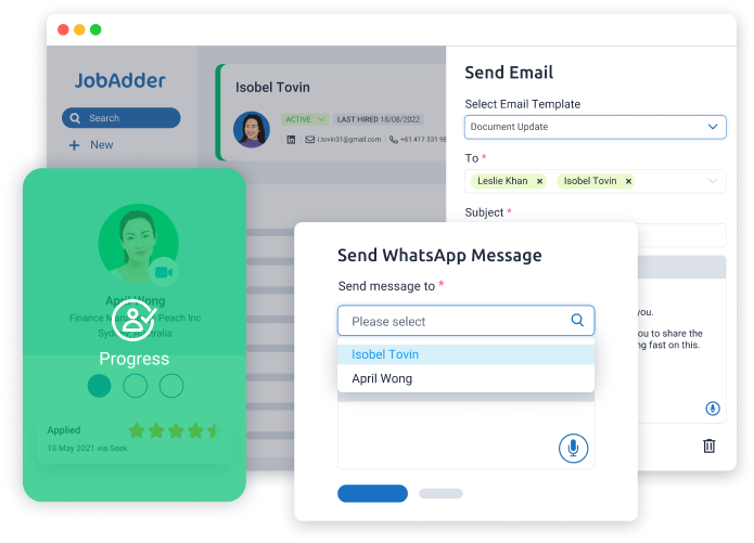 JobAdder send whatsapp message UI