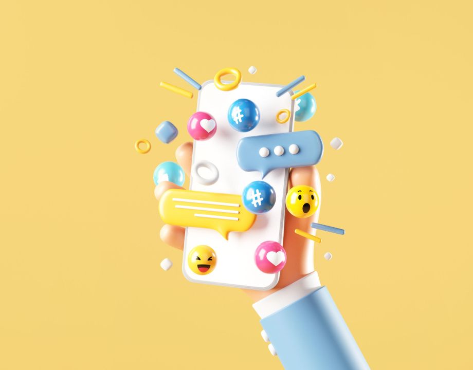 an illustrated hand holding a phone having lots of social media icons
