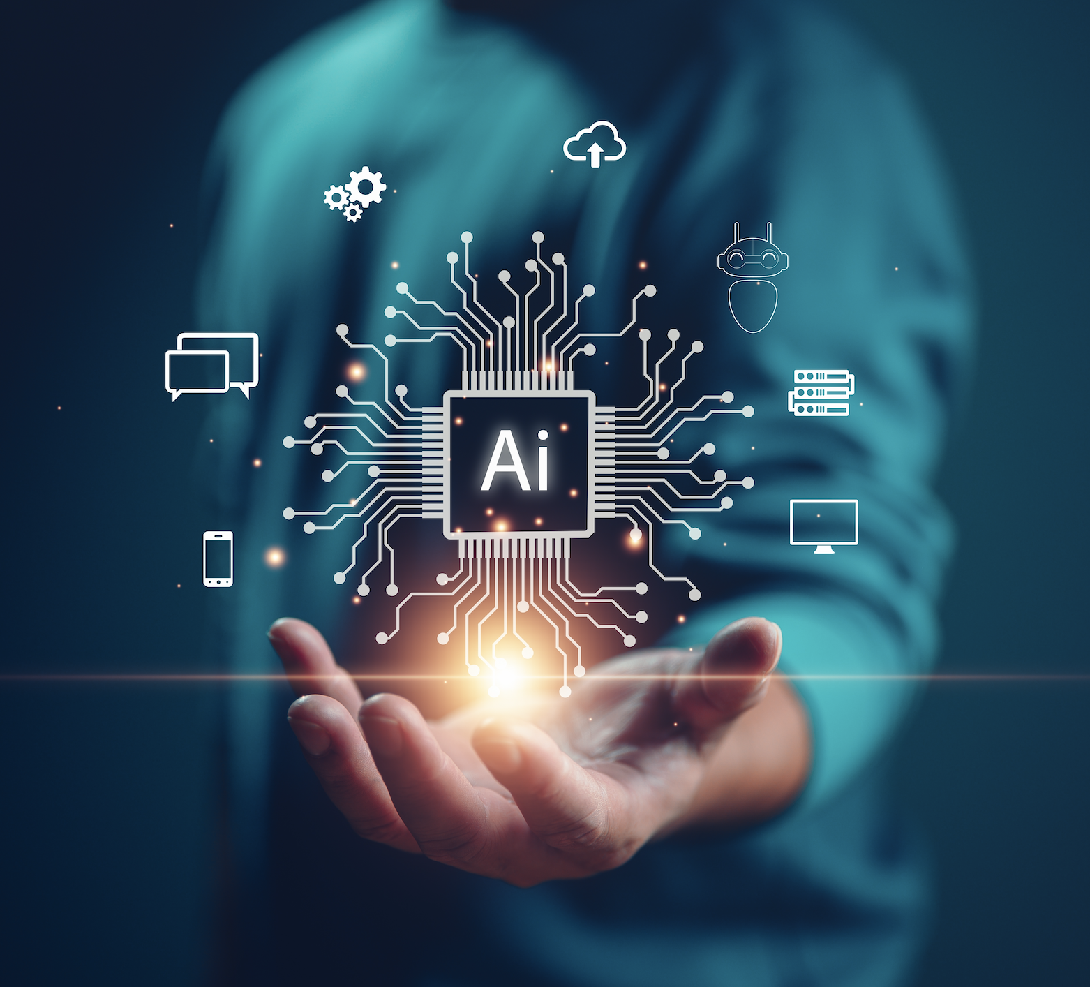 A hand holding an AI illustrated chip with some tech based icons